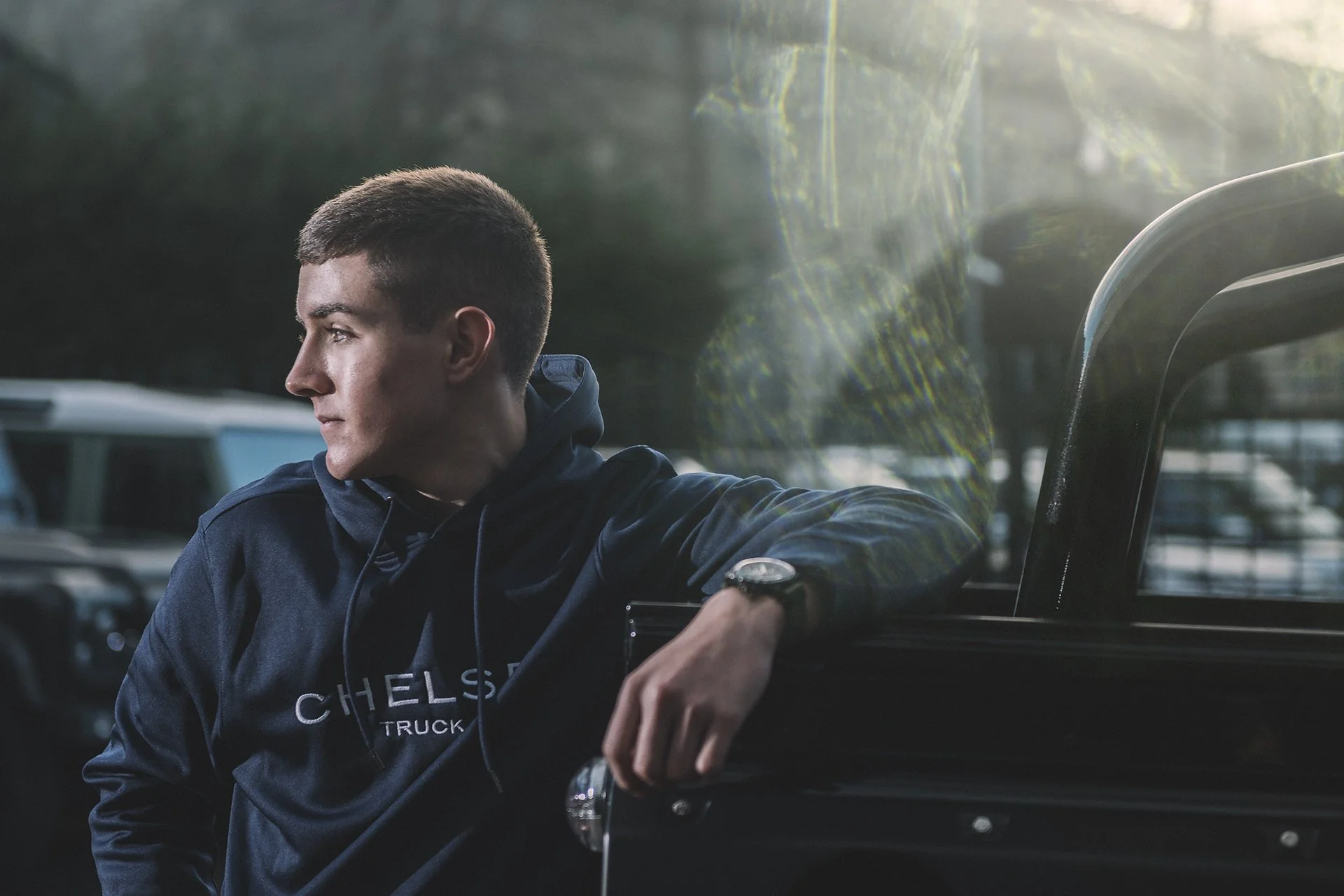 Navy Blue with White Embroidery Chelsea Truck Co Hoodie - Image 4