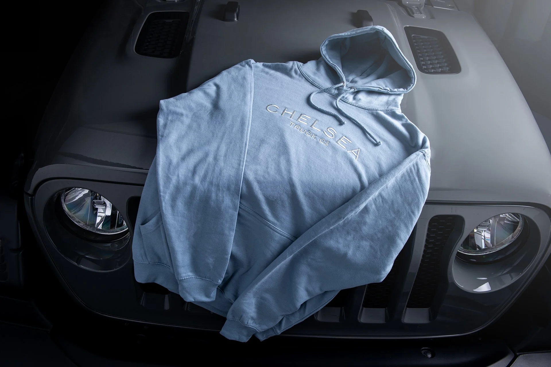 Chelsea Truck Co Hoodie - Dusty Blue with White Embroidery - Image 2