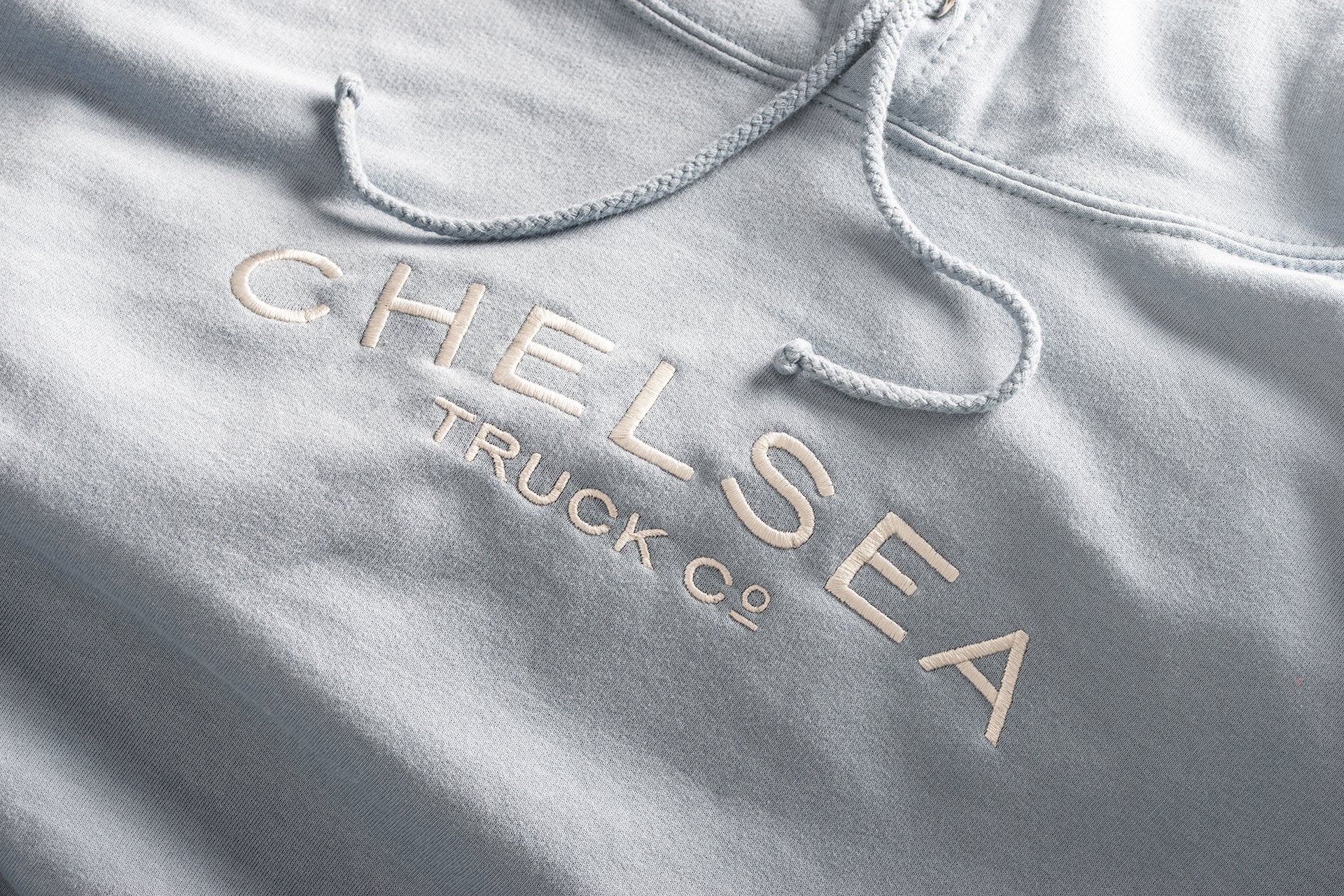 Chelsea Truck Co Hoodie - Dusty Blue with White Embroidery - Image 3