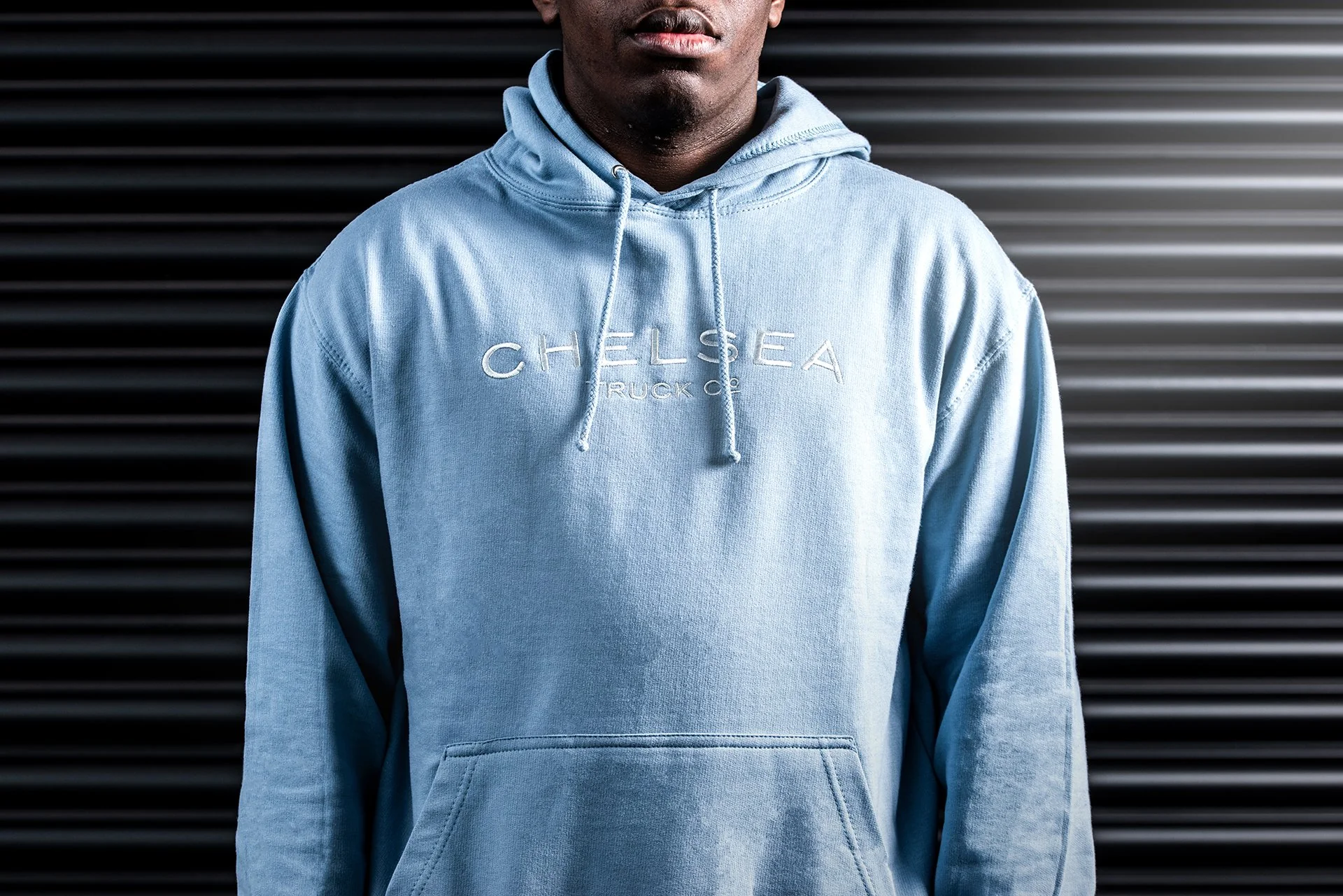 Chelsea Truck Co Hoodie - Dusty Blue with White Embroidery - Image 4