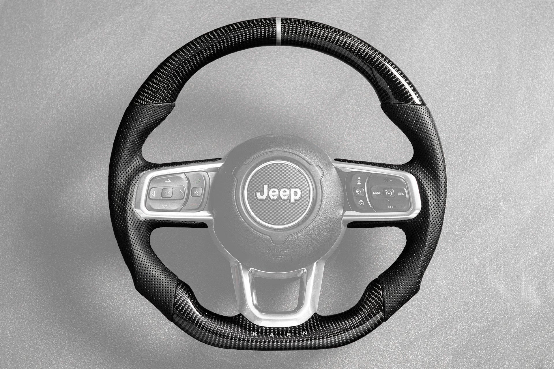 Jeep Wrangler JL (2018 Onwards) Carbon Sports Heated Steering Wheel with Kahn Lettering - Image 2