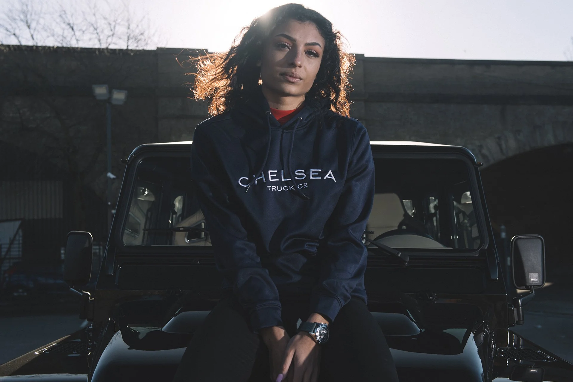 Chelsea Truck Co Hoodie - Navy Blue with White Embroidery - Image 4